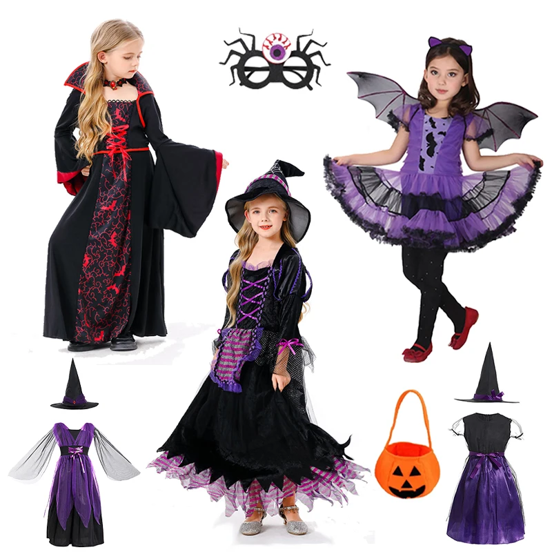 Halloween Cosplay Vampire Witch Disguise Clothing Child Junior Dress with Wings Costume Kids Pointed Hat Party Outfit Set Gifts