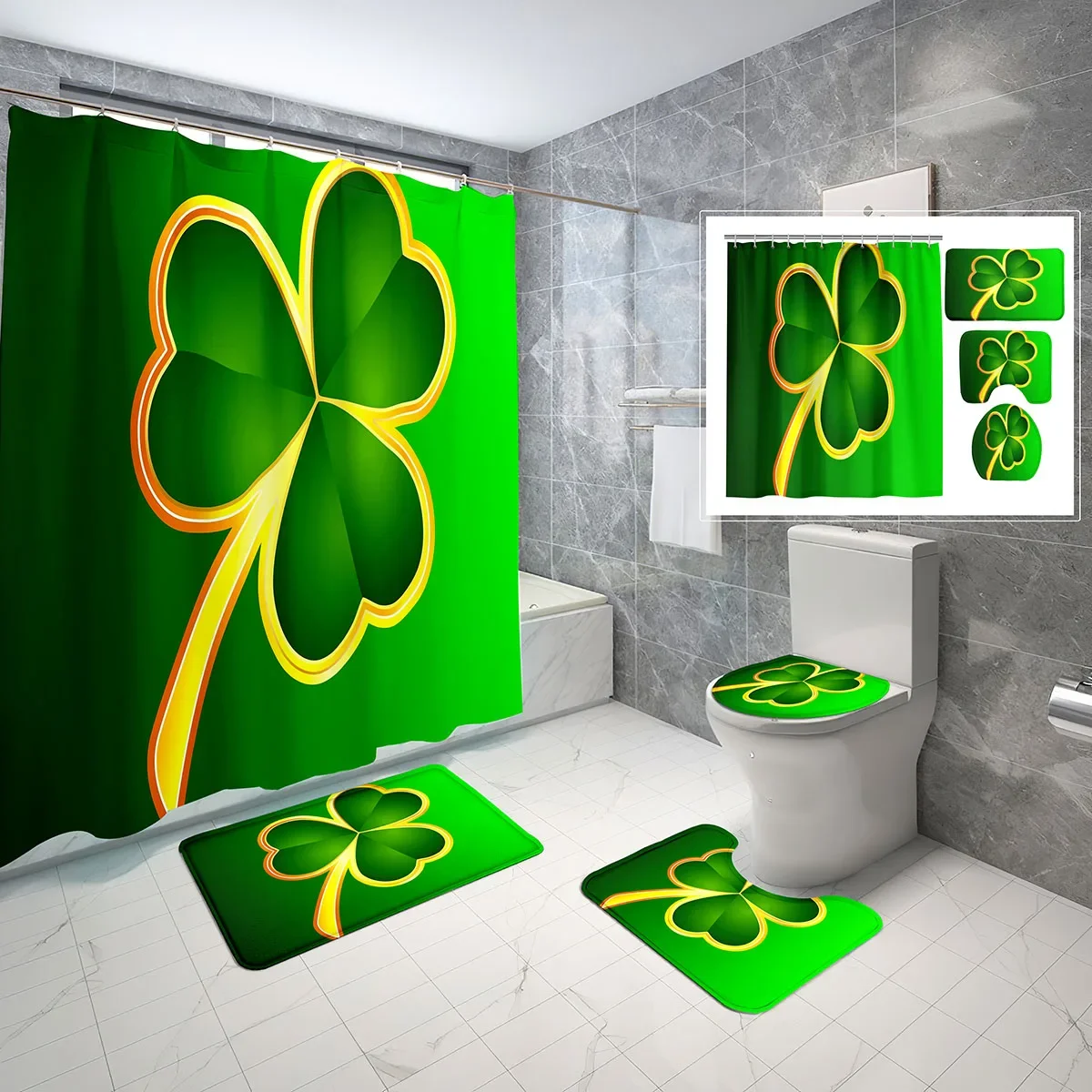 4 Pcs Saint Patrick's Day Shower Curtain Sets Holiday Theme Style Non-Slip Bath Mat Waterproof Shower Curtain Toilet Cover Sets