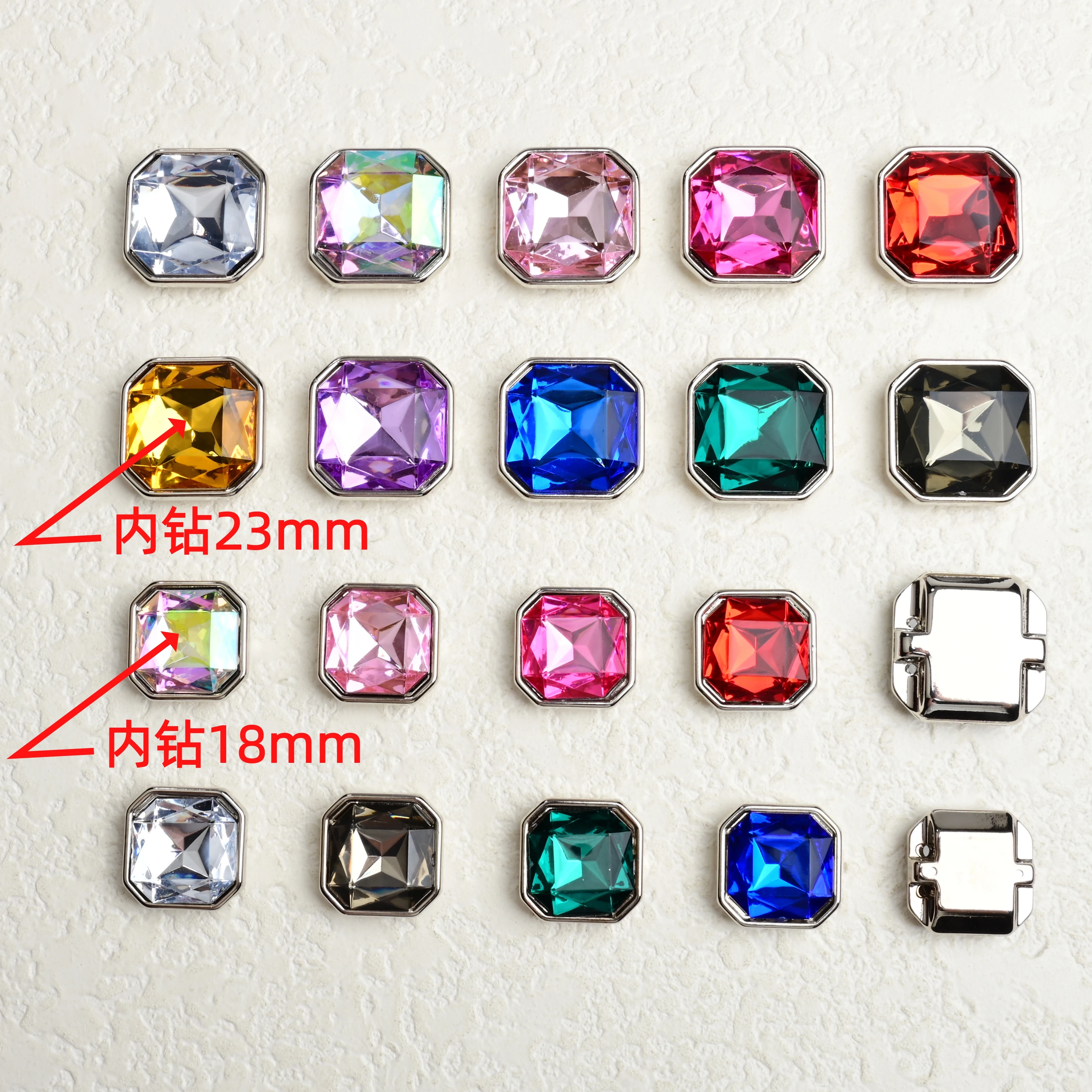 Colorful 18/23Mm Square Acrylic Clawless Edged Hand Sewn Diamond Clothing and Shoe Bag Decoration Crystal Accessory