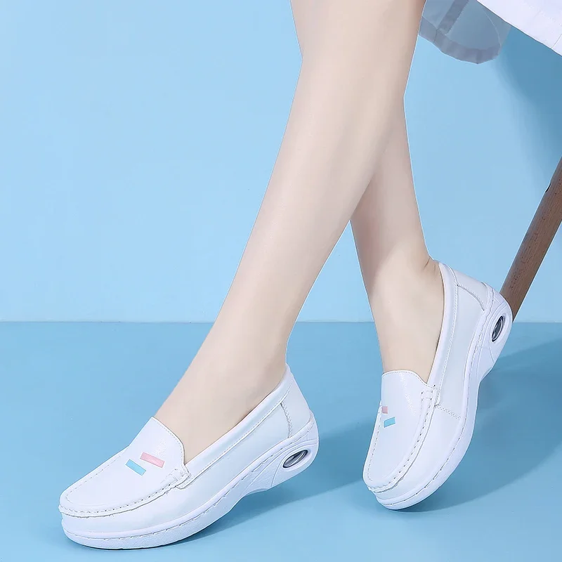 Women White Nurse Shoes Soft Sole Genuine Leather Female Slip-on Ballet Footwear Nurse Work Loafers High Quality Plus Size 34-40