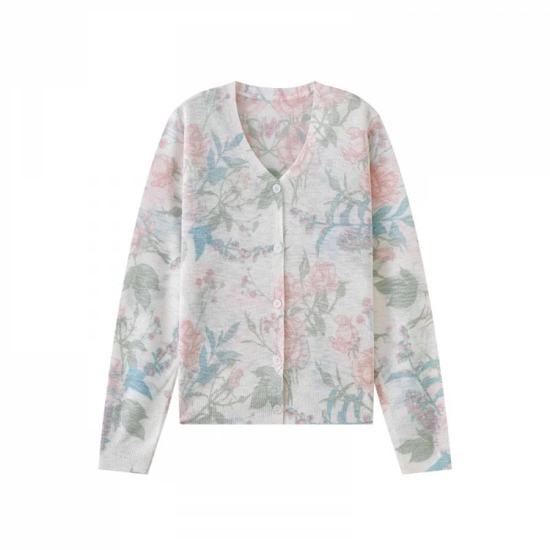 

Autumn Women's Long Sleeve Floral Print Knitted V-Neck Cardigan Lightweight Casual Sweater Anti-Darkness Feature