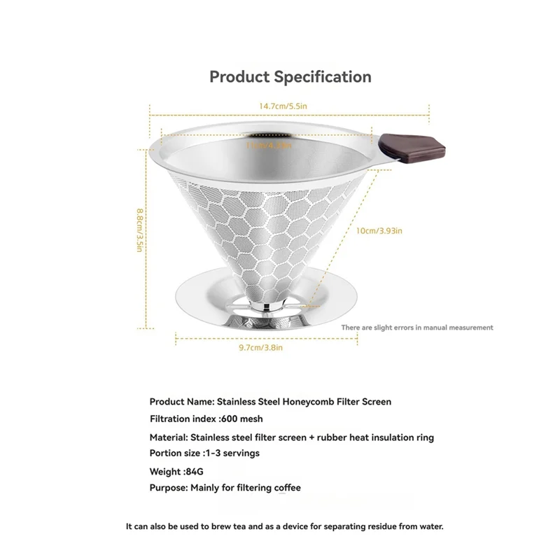 CKFAM-Pour Over Coffee Filter Dripper Reusable Stainless Steel Drip Coffee Maker Cone Coffee Mesh Filters For 1-4 Cup view 2