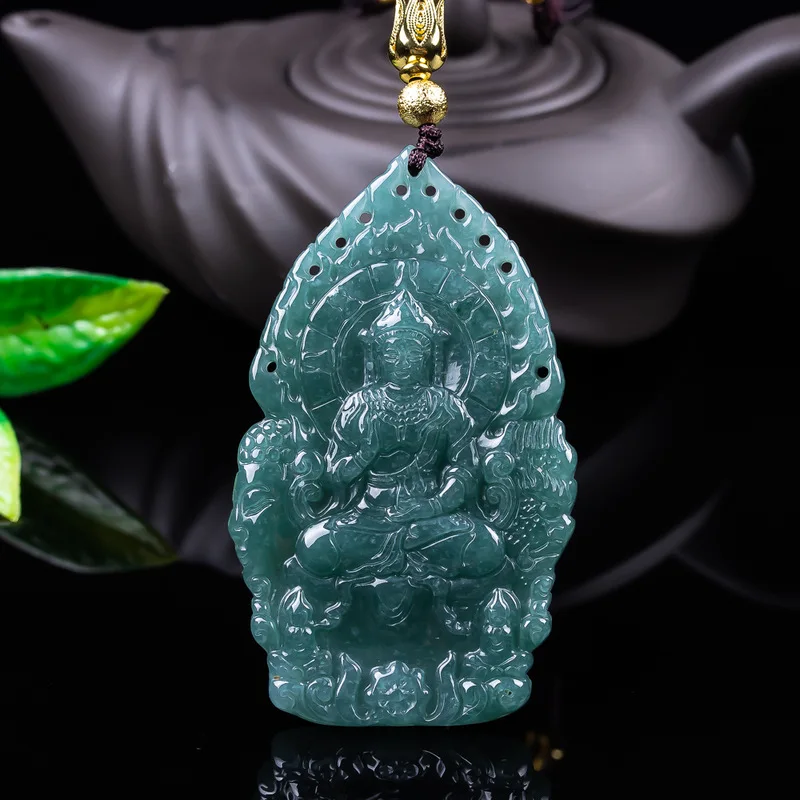 Genuine Grade A Jadeite Blue Water Flame Guanyin Exquisite Jade Pendant Jewelry Gift