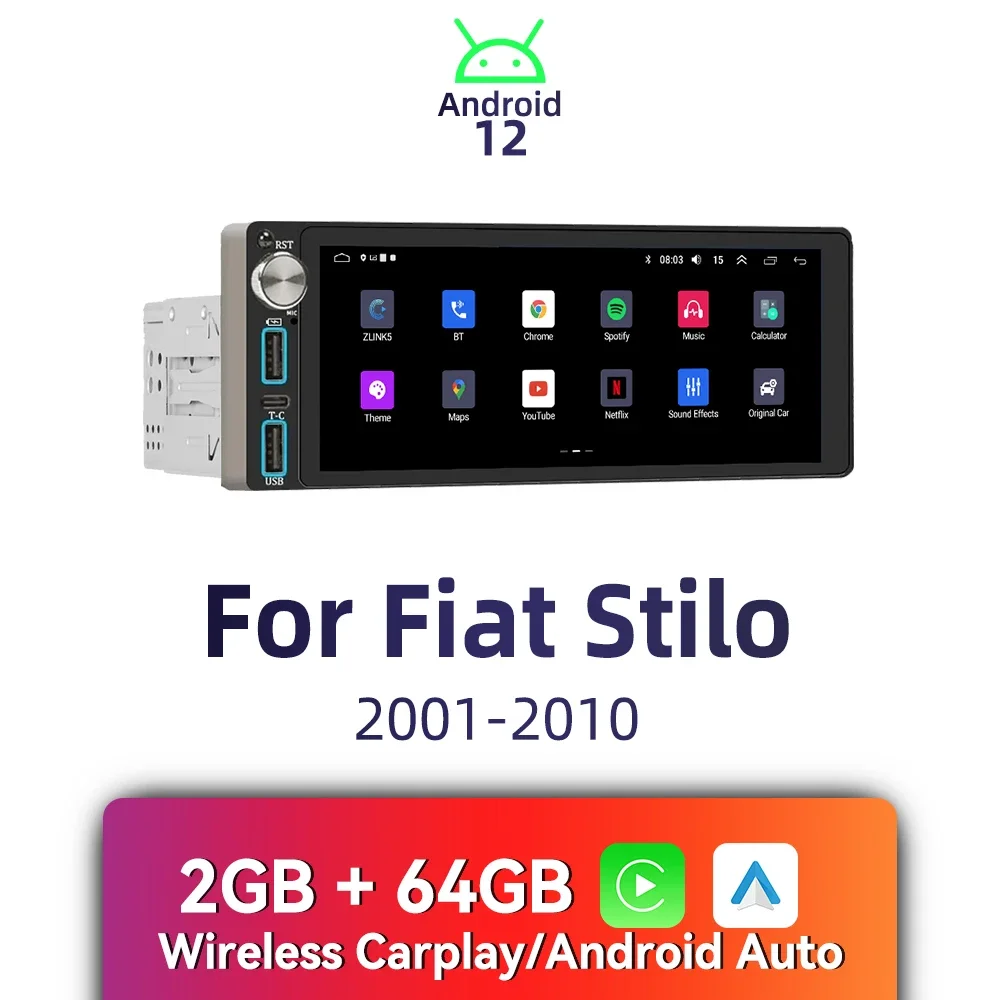 

Wireless Carplay Autoradio 6.86" Screen 1 Din Radio Android Car Multimedia for Fiat Stilo 2001-2010 Stereo Head Unit GPS BT WIFI