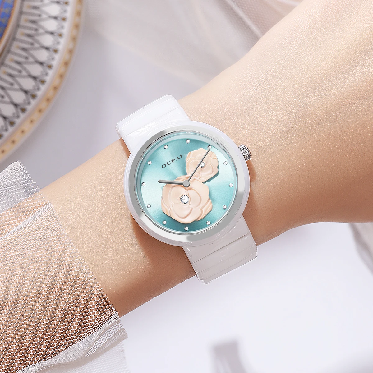 OUPAI women watch Camellia Flower Sculpture White Ceramic Watch rhinestone scale Lady Fashion and Elegant Quartz move Waterproo