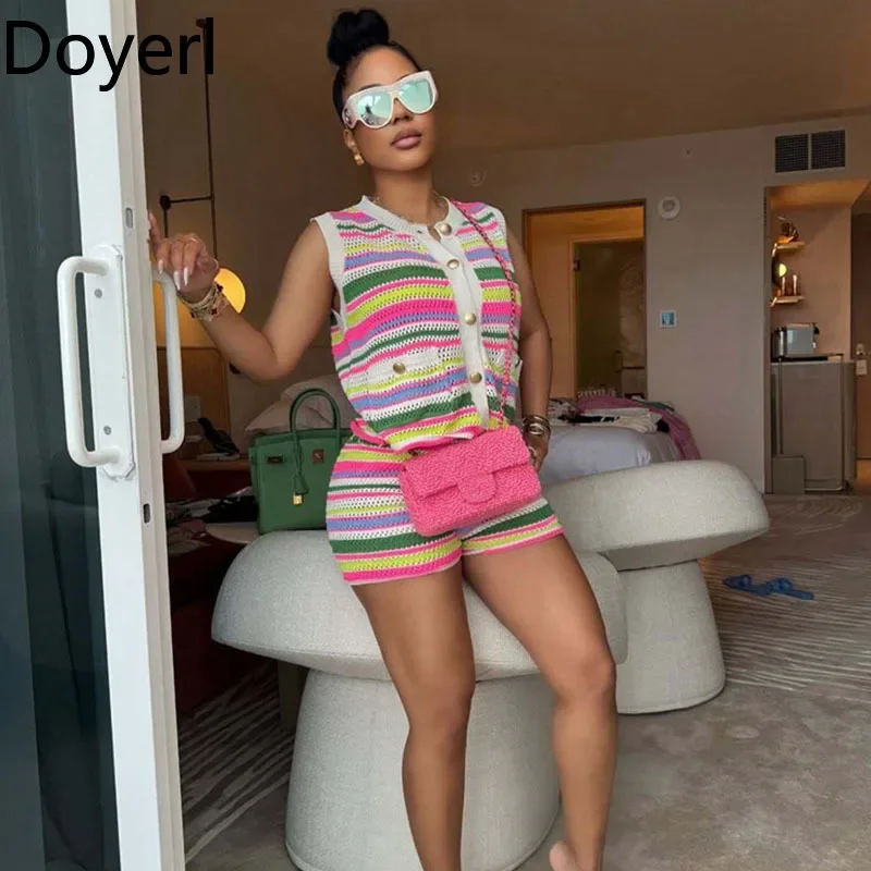 

Doyerl Colourful Striped Knitted Two Piece Set Vacation Women Outfits Y2K Sleeveless Button Up Knit Top and Shorts Matching Sets