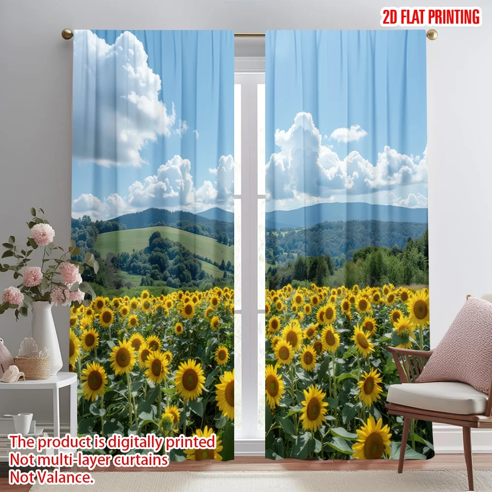 

2D flat printing 2pcs Curtain Sunny Sunflower Field Digital Printed Polyester Drapes Seasonal Party & Holiday Decor Use for
