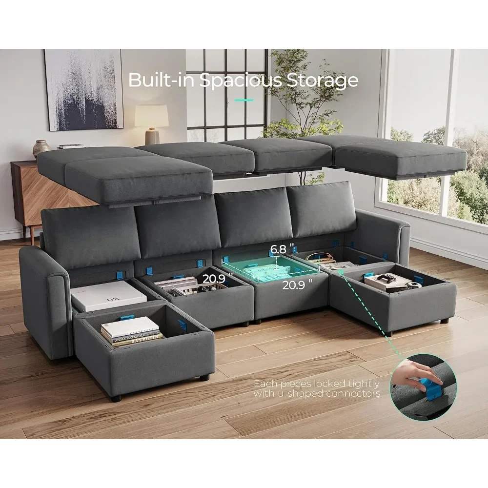 Modular combination sofa, convertible U-shaped sofa with storage space, memory foam, modular combination sofa with footstool