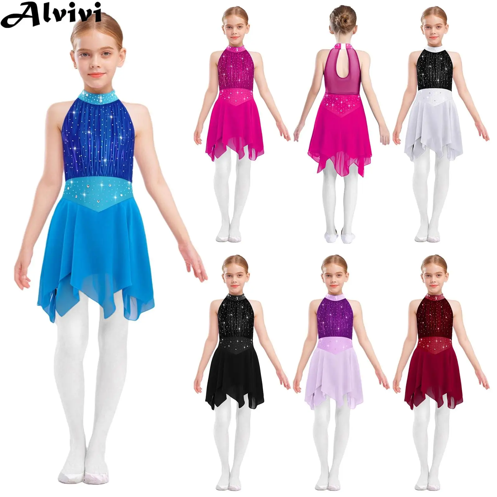 Teen Girls Figure Skating Lyrical Dance Gymnastics Dress Sleeveless Shiny Rhinestones Sheer Mesh Chiffon hem Leotard Dresses