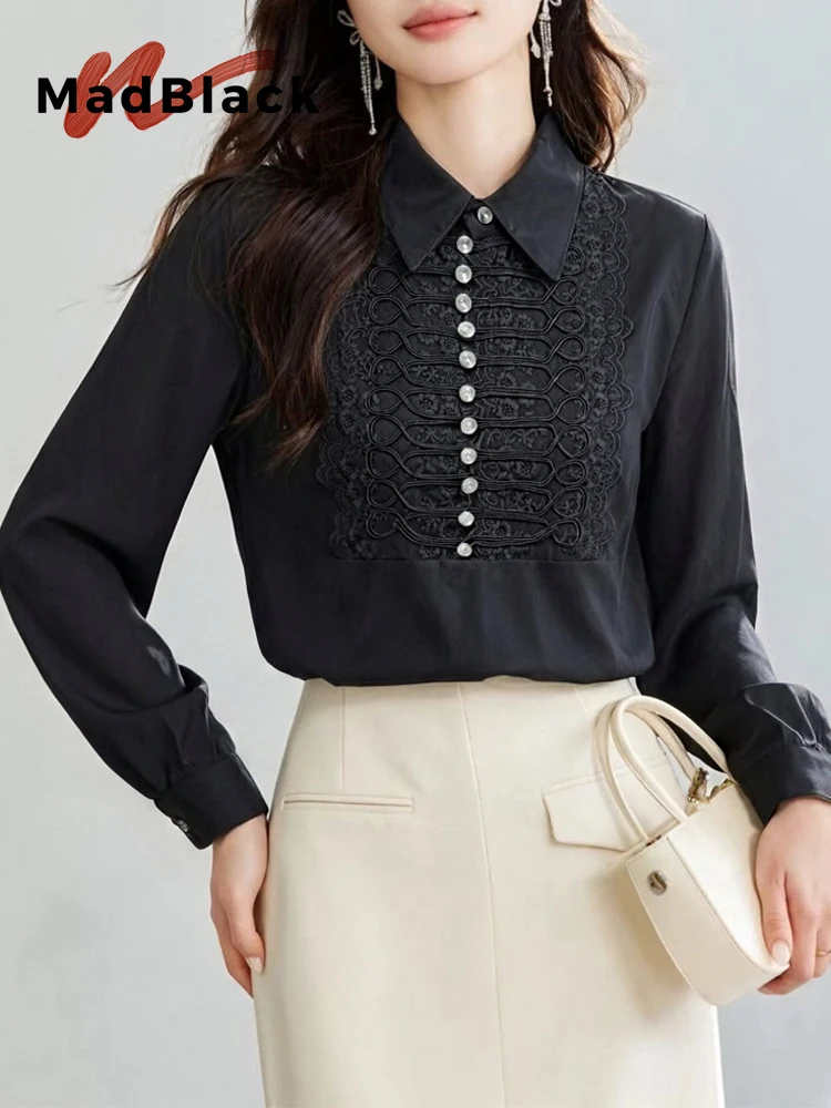 MadBlack-Women European Shirt, Sexy Lapel Lace Diamond Patchwork, Vintage Lantern Sleeve Slim M-2XL Blouse, 2026 Autumn T68640CC