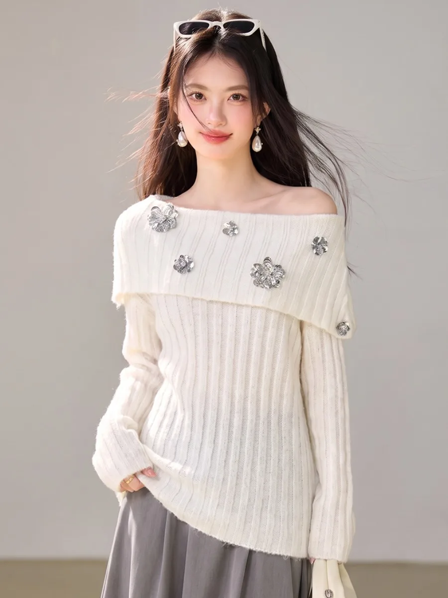 Shoulder Bared Knitted Sweater for Women Long Sleeve Soft Style Floral Embellished Slim Fit Autumn Top Casual Wear Warmth Fun...