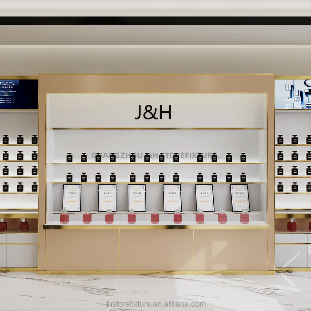 ชั้นวางสินค้าสำหรับร้านเครื่องสำอาง ชั้นวางติดผนังสำหรับร้านค้าปลีกเครื่องสำอาง ชั้นวางแบบกำหนดเองพร้อมกล่องไฟ ตู้โชว์สินค้าสำหรับร้านเสริมสวย