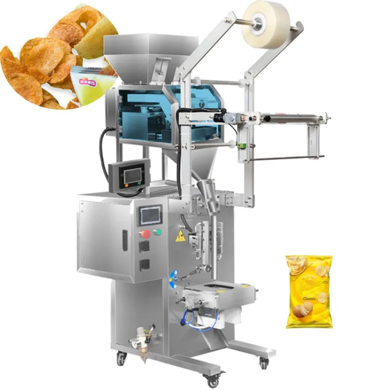 

French fries, snacks, discounted price, grocery dispenser, small bag packaging, granular filling and packaging machine