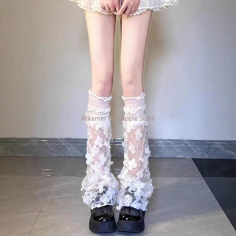 Fashionable Butterfly Floral Leg Warmers for Women Fairycore Sheer Lace Mesh Boot Covers Ruched Over Knee Footless Socks