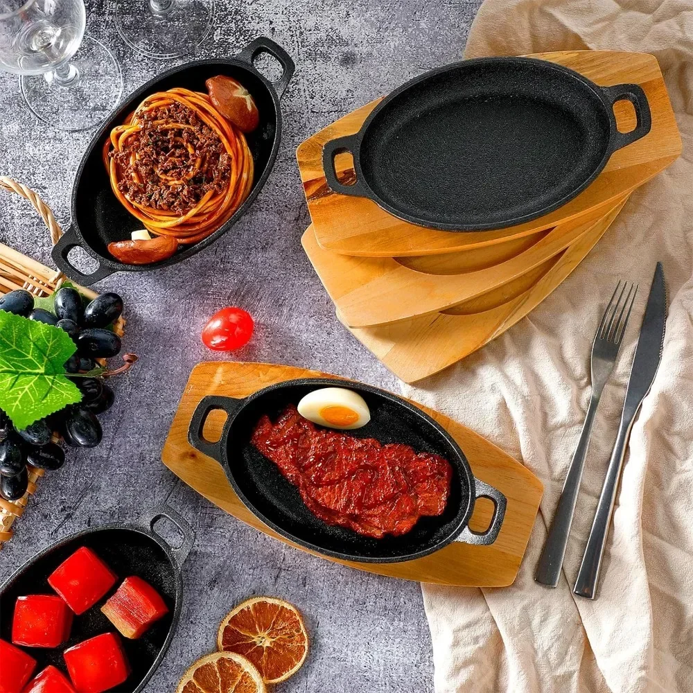 12 Sets Cast Iron Skillet with Wooden Base Mini Plates Oval Dish Tray Serving Sizzling Plate simple