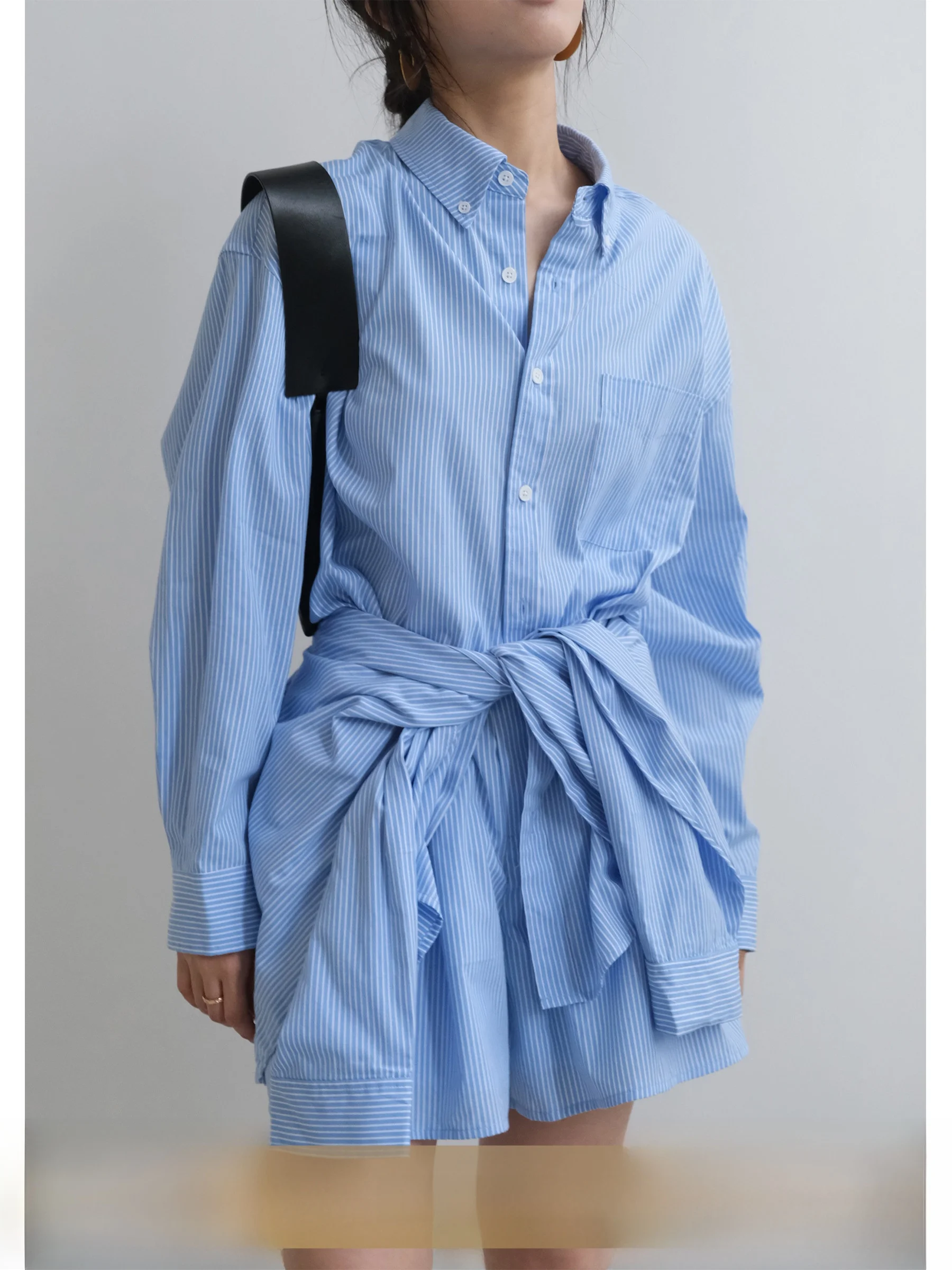 

Loose Long Sleeve Women's Shirt Summer Blue Stripes Lazy Style Casual Cotton Collar Mid-Length Commute Fashion