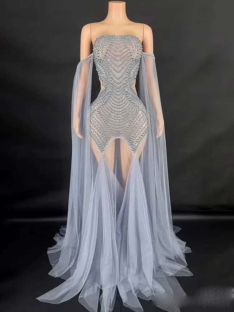 High Quality Hot Rolled Pearl Sexy Mesh Spliced Pearl Strapless Dress 2025 New Fashion Custom Women'S Clothing