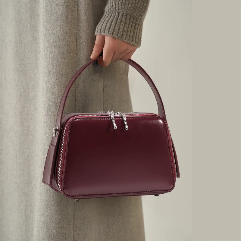Aidrani Brown Split Leather Mini Tote – Women’s Smooth Cowhide Bag with Dual Zipper & Interior Pocket, Perfect for Daily Use