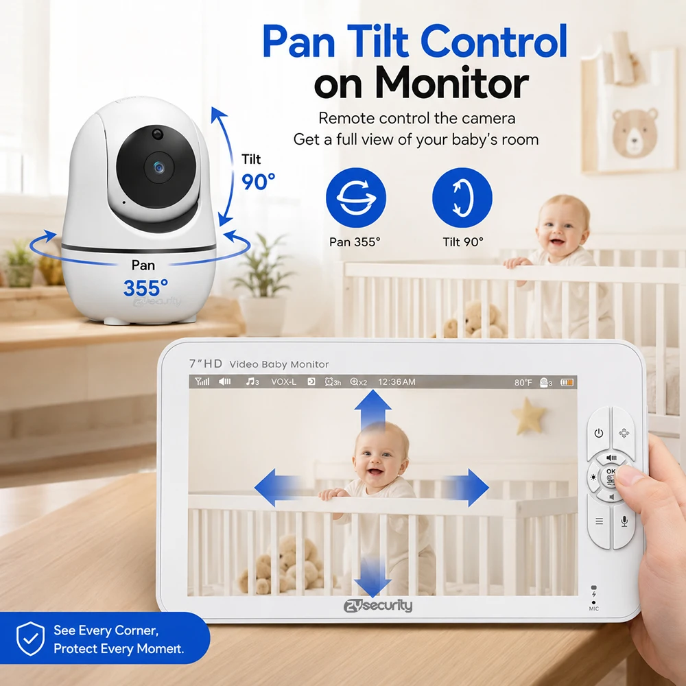 7 Inch Split-Screen Baby Monitor 1080P HD PTZ Camera 4X Zoom Two Way Audio No WiFi Hack Proof Private Video Nanny Camera Baby view 2