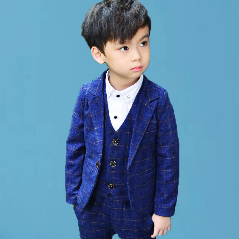 

2022 Boys Formal Plaid Jacket Vest Pant 3PCS Clothing Set Gentleman Kids Blazer Wedding Suit Children Birthday Performance Dress