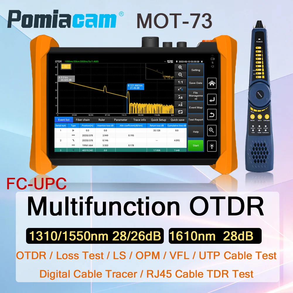 

Оптический рефлектометр MOT-73 OTDR, тестер оптоволокна, дальность 150 км, многофункциональный инструмент для тестирования сетевых кабелей, профессиональный прибор с функциями OPM, VFL, LS, UTP, LAN, отображение событий на карте