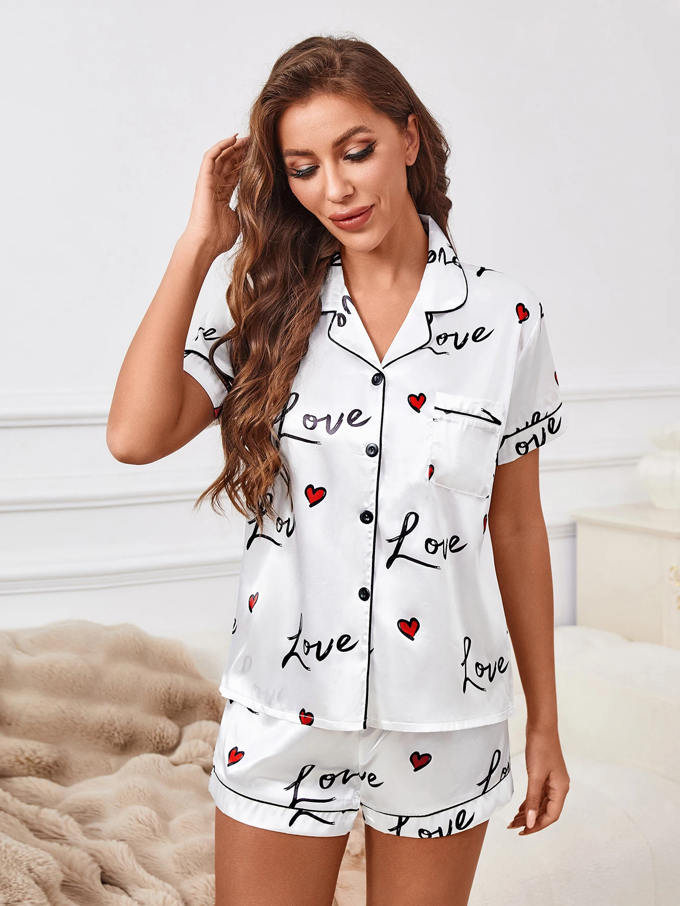 Love Letter Print Short Sleeve Shorts Pajama Set, Collar Button Casual Simple Loungewear