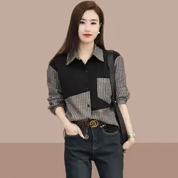 2025 Spring and Autumn Casual Women Shirts Women Small Popular Button Patchwork Tops Striped Bottoming All-match Elegant Shirts