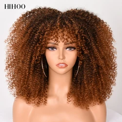 Short Hair Afro Kinky Curly Wig With Bangs For Black Women Cosplay Synthetic Natural Brown Mixed Blonde Wigs Pink HIHOO