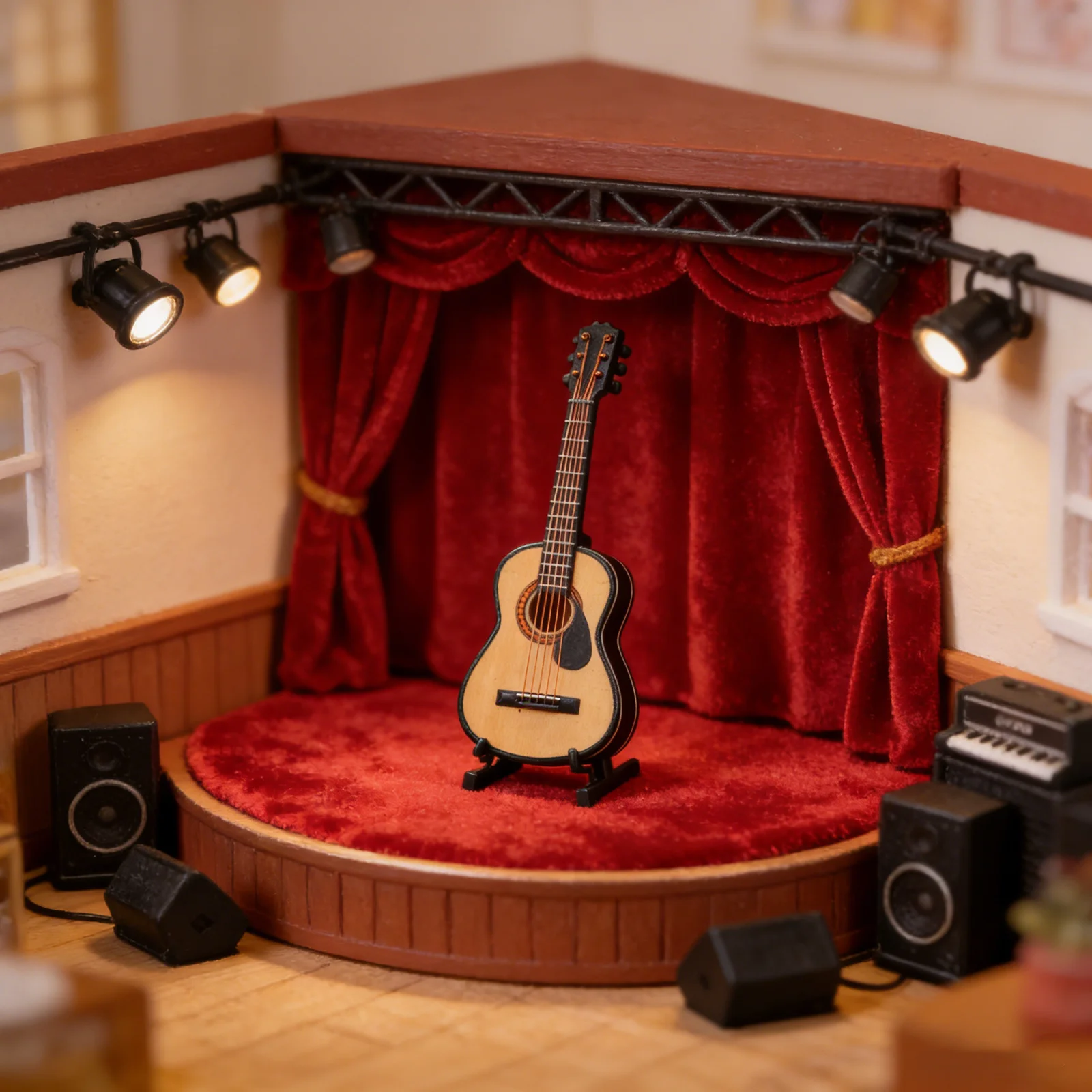جيتار مصغر جيتار خشبي صغير زينة واقعية للآلات الموسيقية لرف سطح المكتب