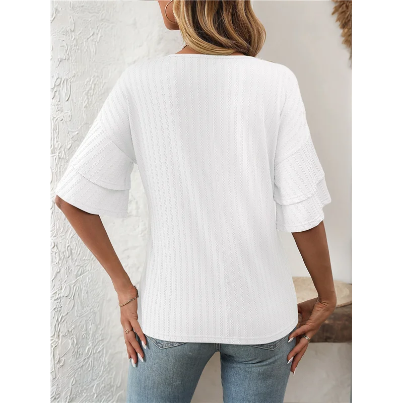 

Womens V-Neck Tops Dressy Double Layer Bell Sleeve 3/4 Length Ruffle Sleeve T Shirts