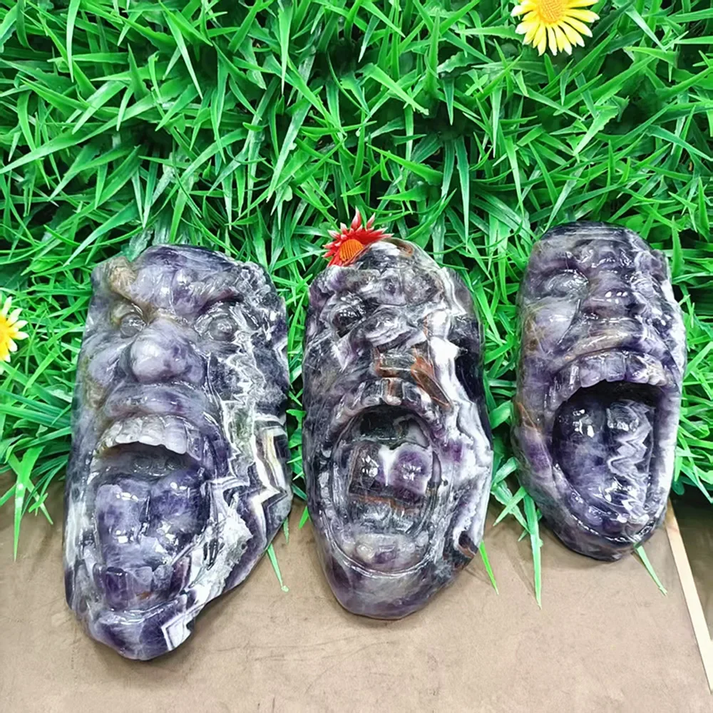 Natural quartz crystal, dreamy purple crystal, hand-carved ghost faces, chakra home decoration