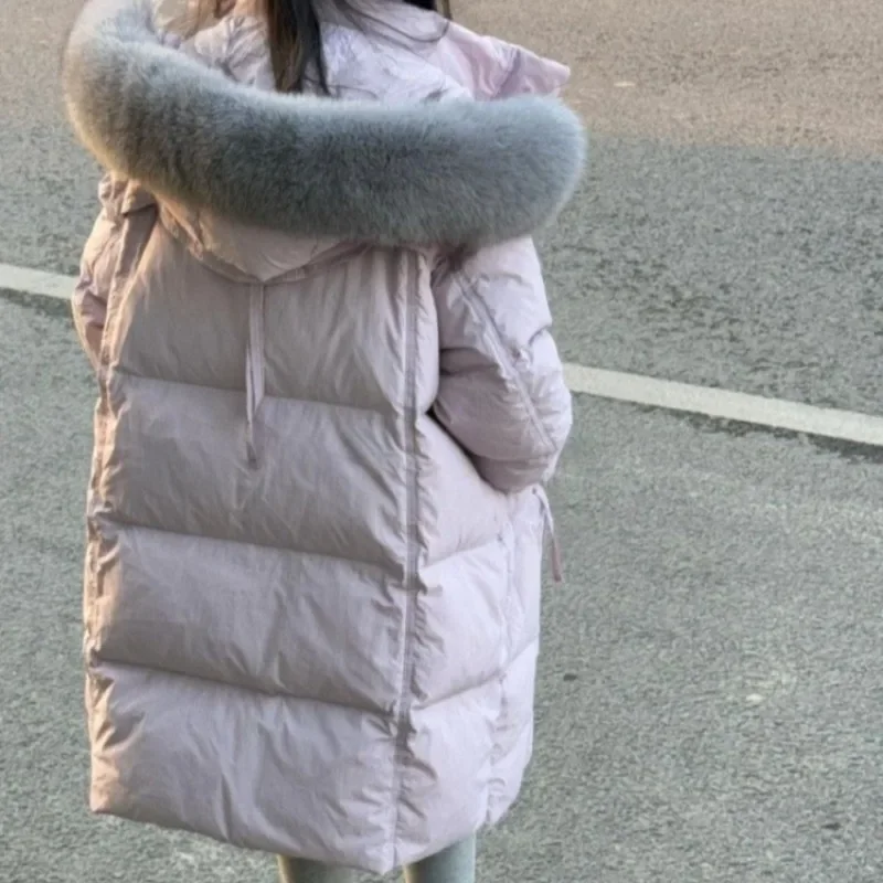 2025 Winter New Korean Style Oversized DownFilled Coat Longline Warmth Thermal Jacket with Faux Fur Hood