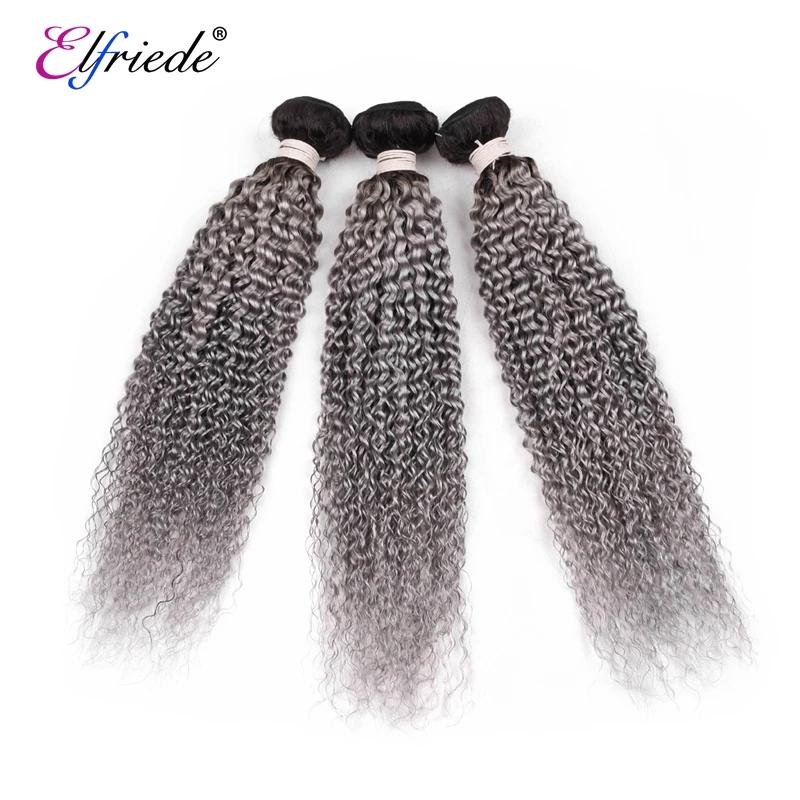 Elfriede 1B/Grey Kinky Curly Ombre Hair Bundles with Frontal Transparent 100% Human Hair Weaves 3 Bundles with Lace Frontal 13x4