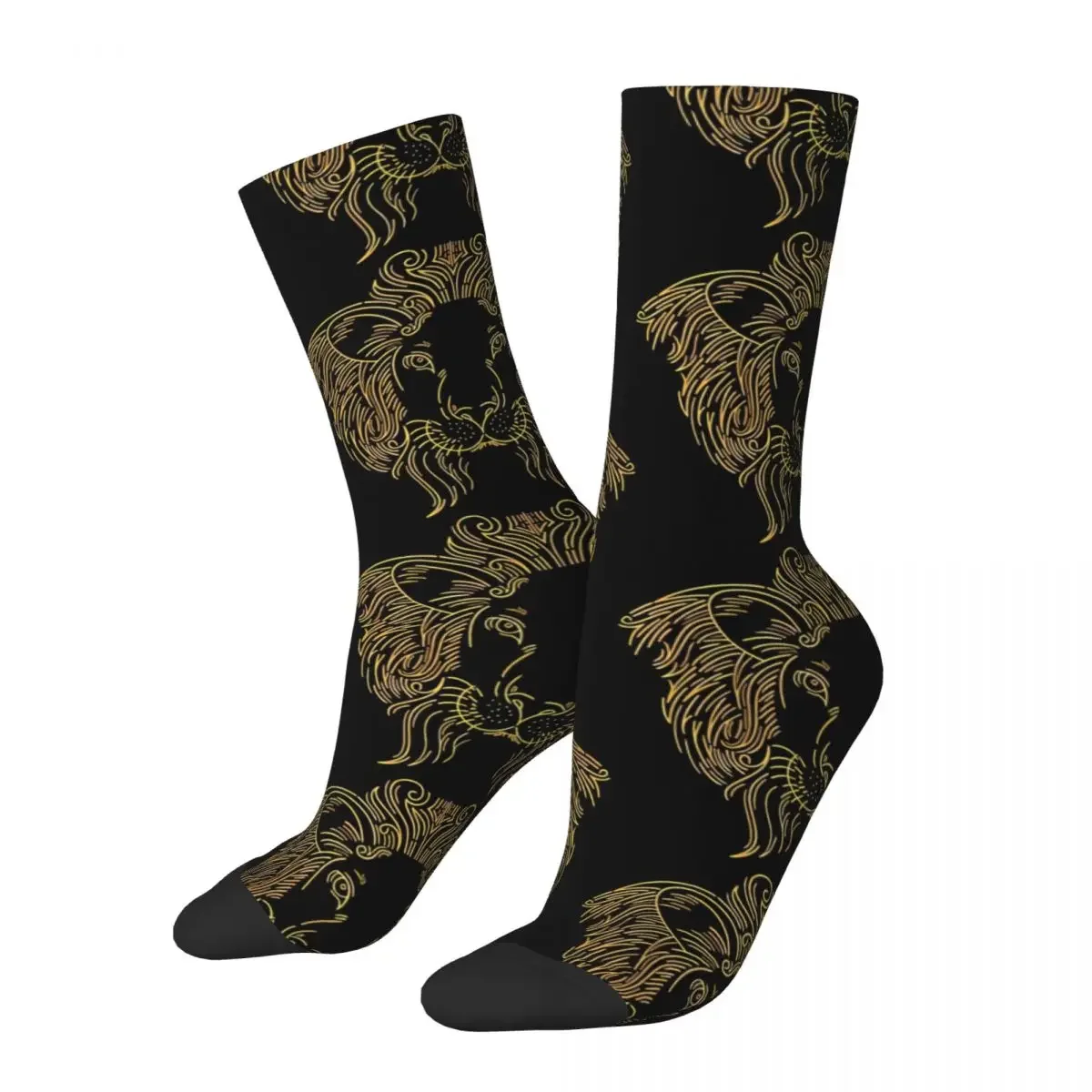 Men's Socks Golden Lion Face Mascot Silhouette Vintage Golden Lion And Damask Hip Hop Seamless Crew Sock Gift Pattern Printed