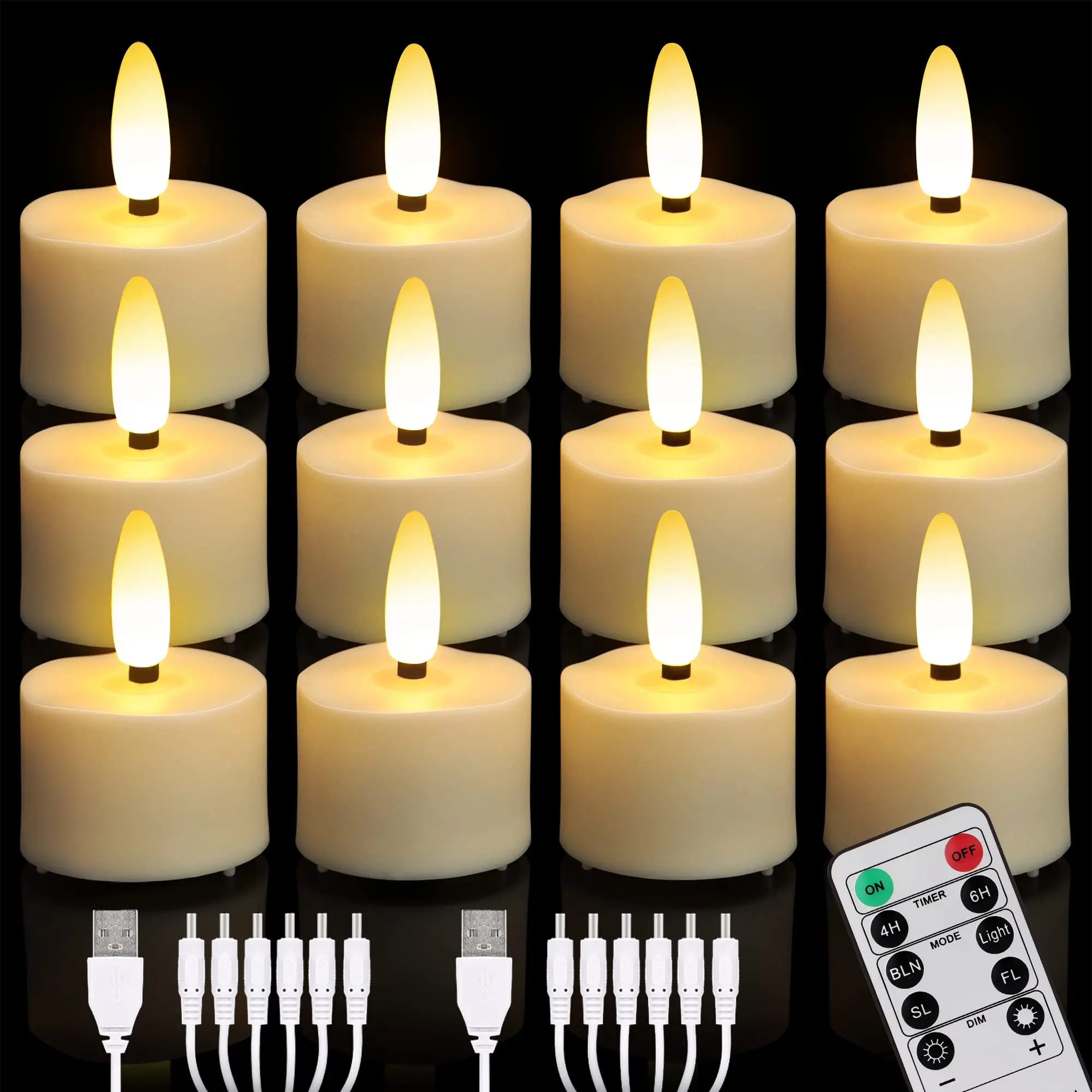 Candele ricaricabili da 12 pezzi, ricarica USB, lume di candela a LED, telecomando timer, fiamma tremolante, decorazione della stanza, candele a LED per matrimoni