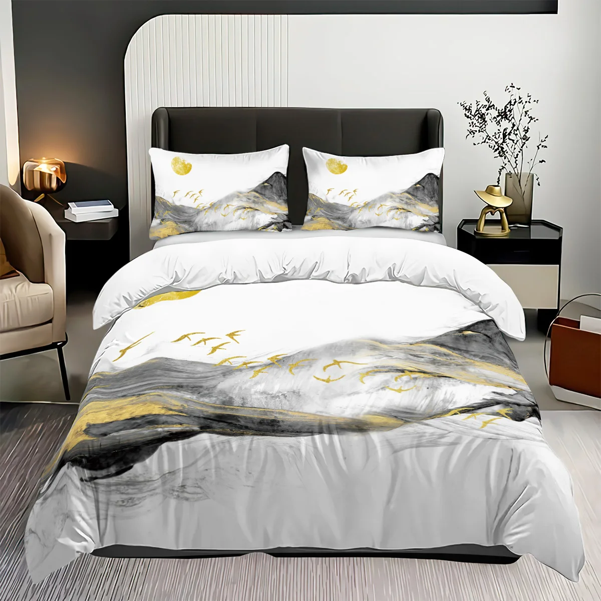 

3pc bedding set with ink bamboo print (1 set +2 pillowcases, no core), suitable for a warm bedroom to meet different needs