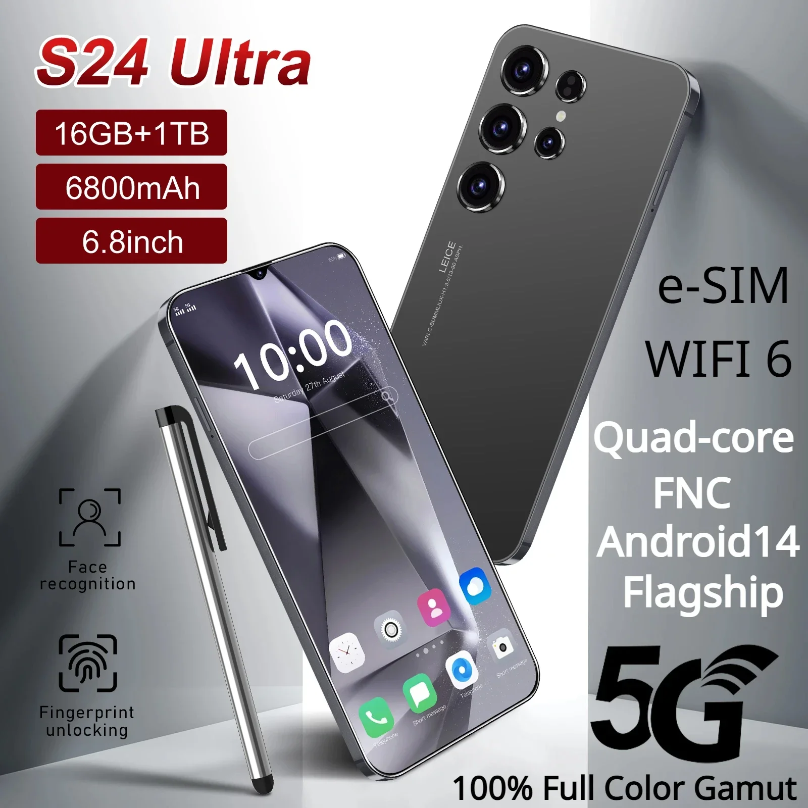 

New S24 Ultra Flagship Smartphone Quad-core 16GB+1TB 6.8-inch Android14 6800 MAh Battery 50MP+108MP 100% Full Color Gamut HD NFC