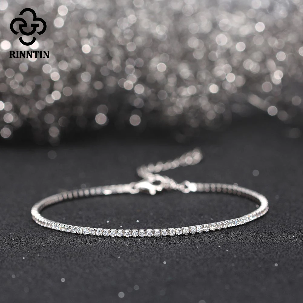 Rinntin Brilliant Tennis Bracelet 925 Sterling Silver 1.5mm Bazel Setting Zircon for Women Luxury Chain Bracelet Jewelry SB190