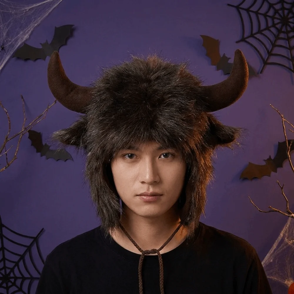 Fashion Solid Color Ox Horn Hat Fur Trim Thickened Demon Ear Protection Hat Warm Fluffy Lei Feng Cap Riding