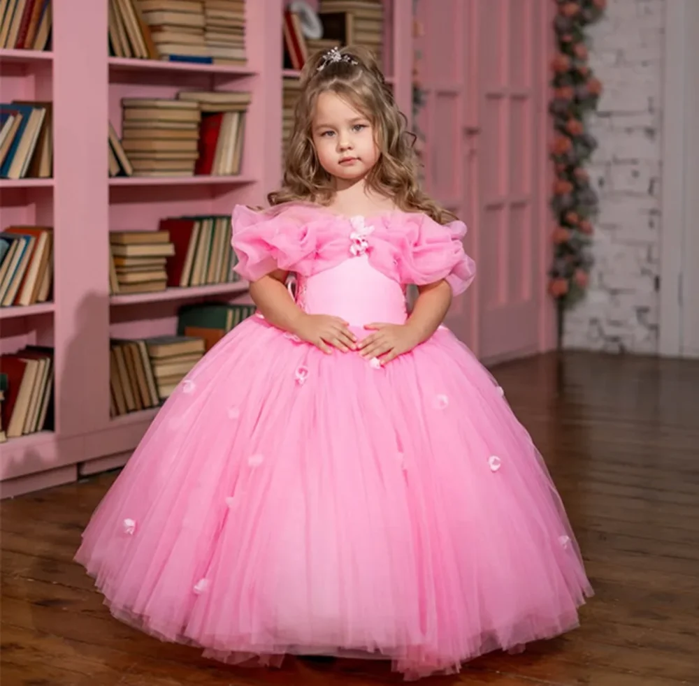 

Strapless Pleat Off The Shoulder Short Sleeve Princess Flower Girl Dress Tulle Applique First Communion Dress New Customized