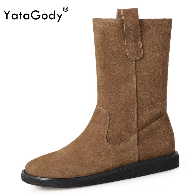 

YATAGODY Size 34-39 Women Wide Mid Calf Boots Real Leather Western Cowboy Boots For Cowgirl Thick Heels Shoes Winter Daily Dress