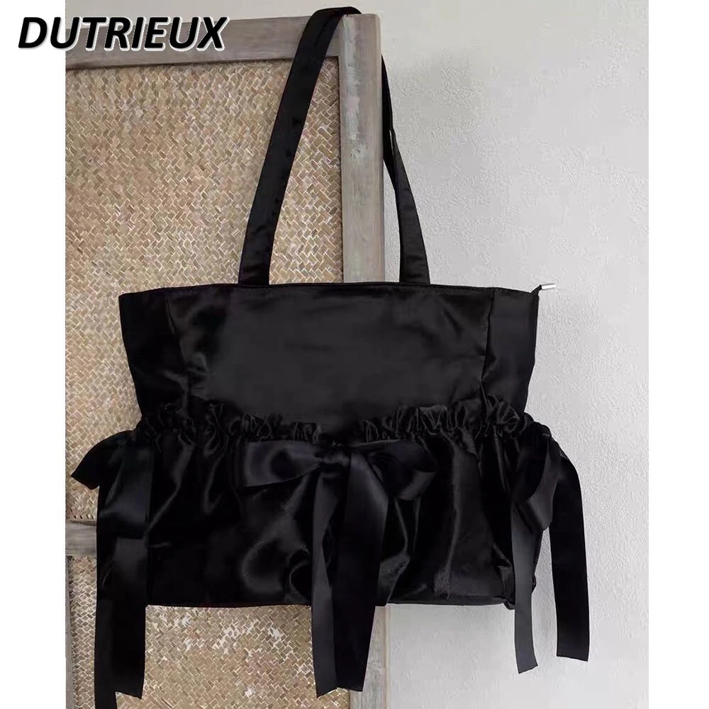 2024 New Spring Autumn Ladies' Hangbags Satin Japanese Style Pleated Bow Shoulder Bag Sweet Cute Large Capacity Bags for Women