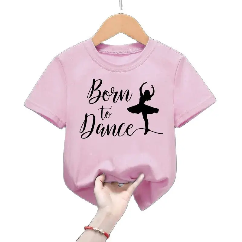 Cute Dance Impresso Em Torno Do Pescoço T-shirt para Crianças, Manga Curta, Camisa Base, Roupas Infantis, Top Tee, Rosa