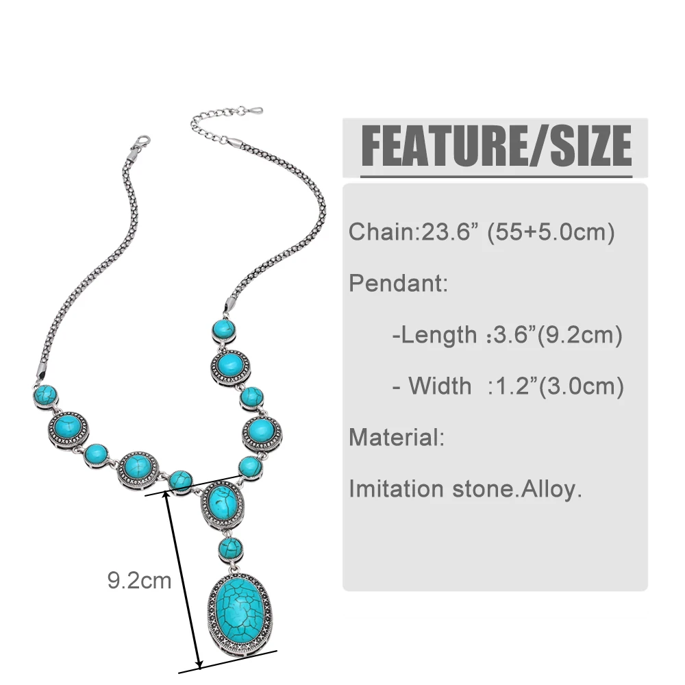 FLOLA Vintage Blue Red Stone Necklace Pendants Big Long Y Necklace with Stones Statement Jewelry for Women Gift nkea098