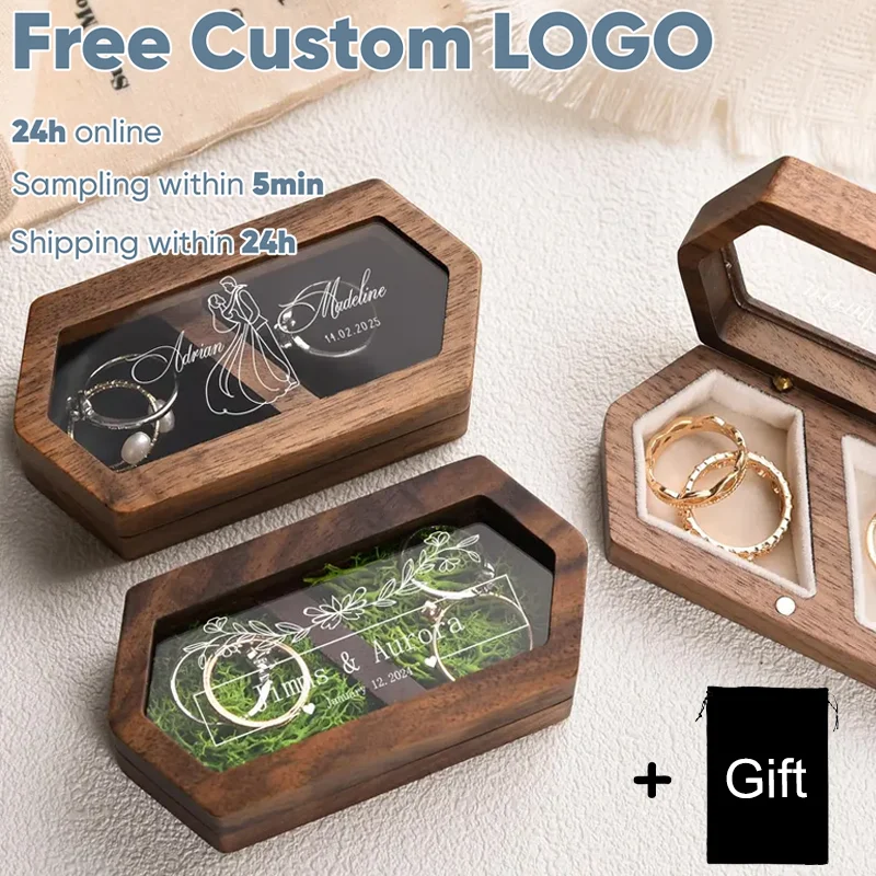 

Free Personalized Walnut Wooden Ring Box With Bag Custom Engraved Engagement For Wedding Ring Holder Gift for Couples Grooms