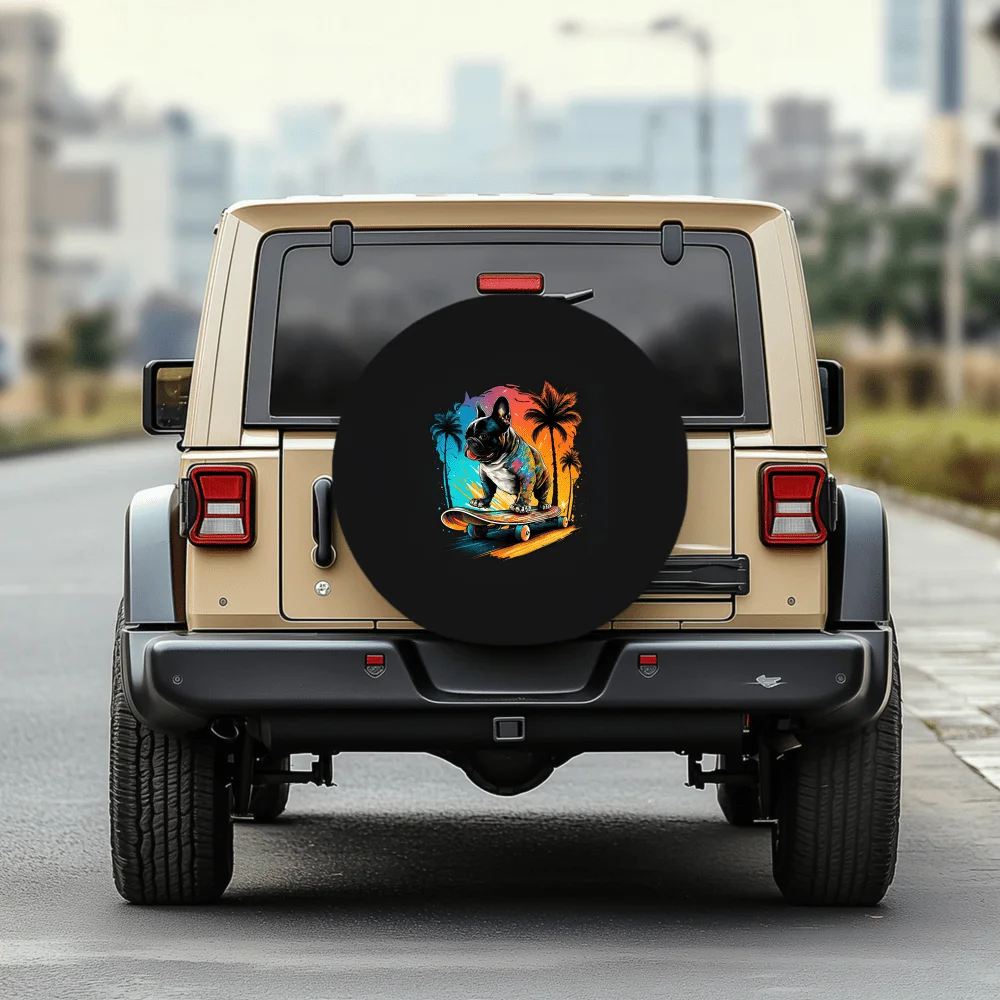 Street-style Trendy French Bulldog Skateboard Pattern 30/34-inch Multi-functional Tire Cover, Suitable For Jeeps, Trailers, RVs,