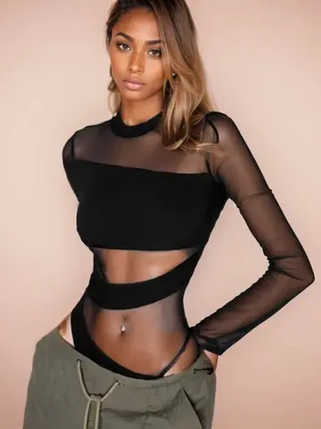 Spring Summer New Fashion Cut Cross Hollow Mesh Jumpsuit Long-Sleeved Thin O Neck Diagonal Black Charming Bodysuit Clubwear