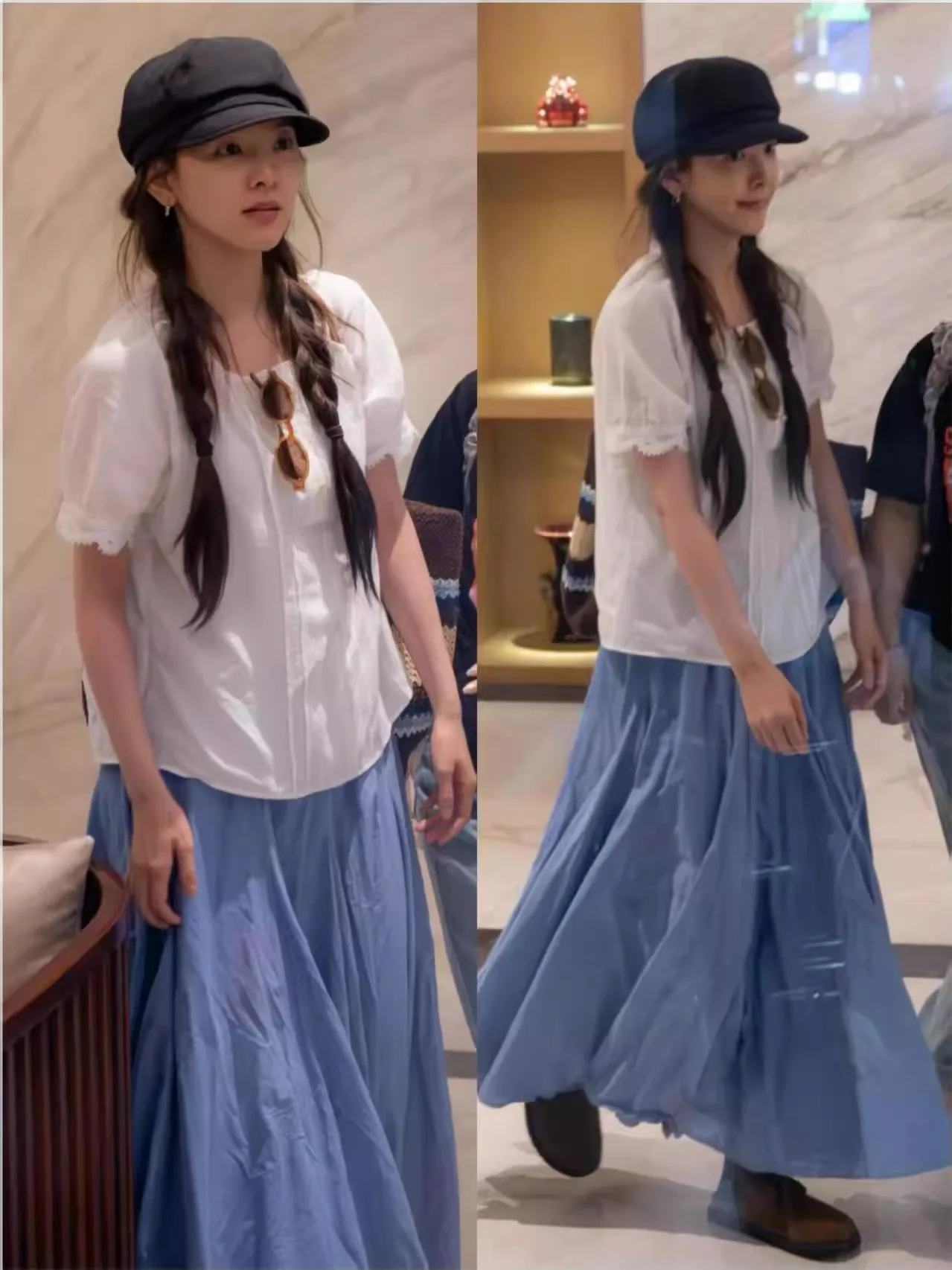 

White Loose Women's Shirt And Blue Skirt Set Summer Korean Style by EXJR round Neck Short Sleeve Pure Color Commute Style