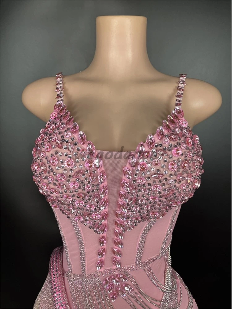 Cute Pink Sexy Suspender Stage Costume Full Rhinestones Birthday Party Perfromance Dress