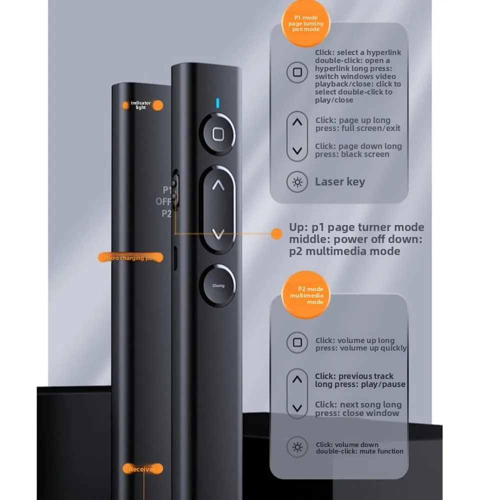 

Solid Color Powerpoint Control Pen Rechargeable Clicker Presentation Pointer for PPT Dual Head Receiver Slide Advancer